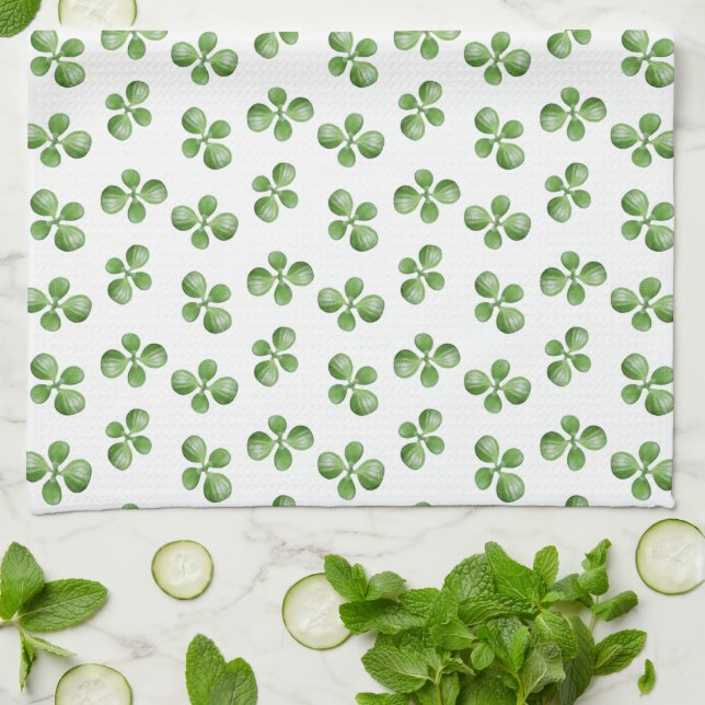 Modern Friendly Green Succulent Leaves on White Tea Towel (Folded)