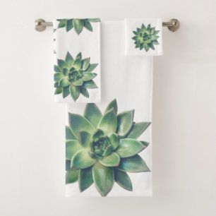 Modern Friendly Green Succulent Plant  on White Bath Towel Set