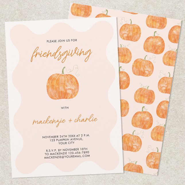 Modern Friendsgiving Dinner Watercolor Pumpkin Invitation (Modern personalized watercolor pumpkin wavy framed friendsgiving Thanksgiving dinner invitation)