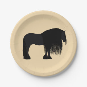 Modern Friesian Horse Illustration Beige Paper Plate