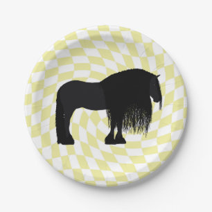 Modern Friesian Horse Illustration Chequered Paper Plate