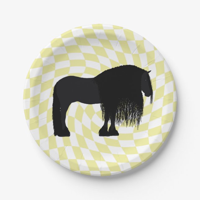 Modern Friesian Horse Illustration Chequered Paper Plate (Front)