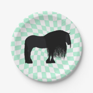 Modern Friesian Horse Illustration Chequered Paper Plate