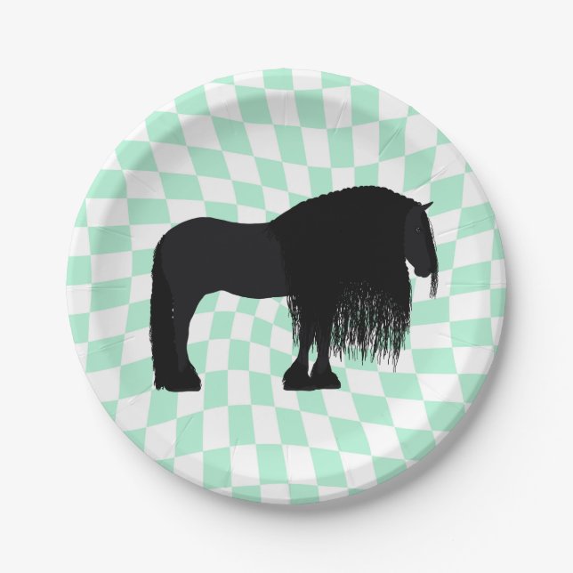 Modern Friesian Horse Illustration Chequered  Paper Plate (Front)