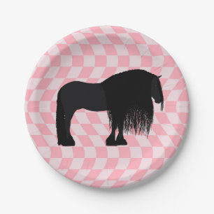 Modern Friesian Horse Illustration Pink Checks Paper Plate
