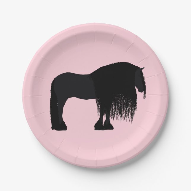 Modern Friesian Horse Illustration Pink Paper Plate (Front)