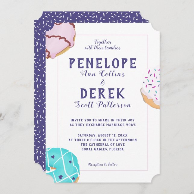 Modern Frosted Doughnut Illustration Sweet Wedding Invitation (Front/Back)