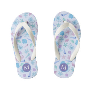 Modern Frosty Sea shell Pastel Monogram Kid's Flip Flops