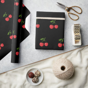 Modern Fruit Pattern Black & Red Cherry Wrapping Paper