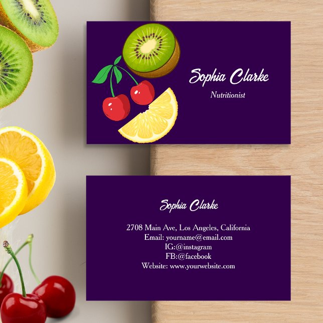 Modern Fruits Health Care Purple Nutritionist  Business Card (Creator Uploaded)