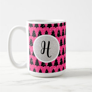 Modern Fuchsia And Black Christmas Tree Monogram Coffee Mug