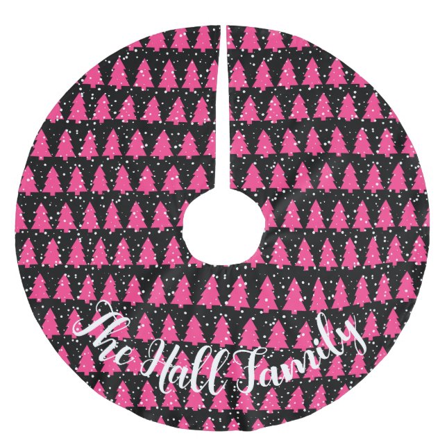 Modern Fuchsia & Black Christmas Tree  Brushed Polyester Tree Skirt (Front)