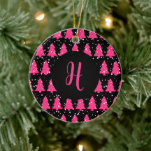 Modern Fuchsia & Black Christmas Tree Monogram  Ce