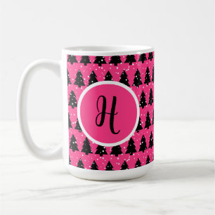 Modern Fuchsia & Black Christmas Tree Monogram Coffee Mug