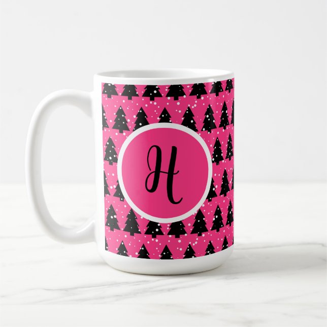 Modern Fuchsia & Black Christmas Tree Monogram  Coffee Mug (Left)