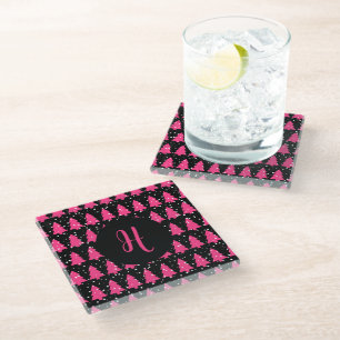 Modern Fuchsia & Black Christmas Tree Monogram Gla Glass Coaster