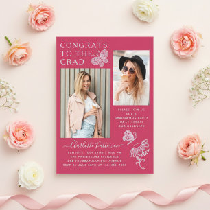Modern Fuchsia Butterfly Photo Graduation Party Acrylic Invitations