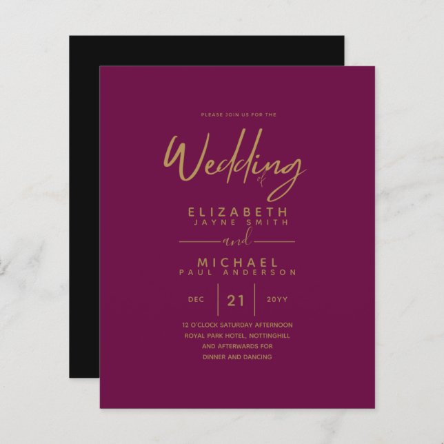 Modern Fuchsia Gold Budget Wedding Invites (Front/Back)