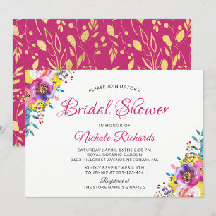 Modern Fuchsia Gold Floral Blossom Bridal Shower Invitation