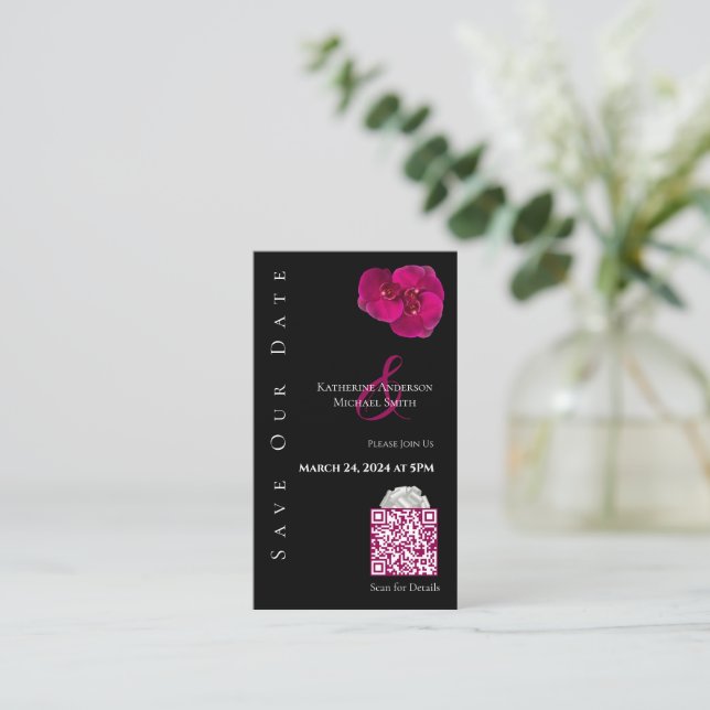 Modern Fuchsia Orchids-Save the Date-QR code- Business Card (Standing Front)