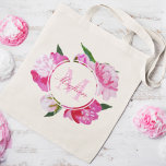 Modern Fuchsia Pink Floral Wedding Bridesmaid Tote Bag<br><div class="desc">Elegant wedding bridesmaid / bridal party totes feature vibrant peony watercolor flowers in shades of pink,  fuchsia,  and green. Personalise the custom text with a monogram initial and name in script.</div>