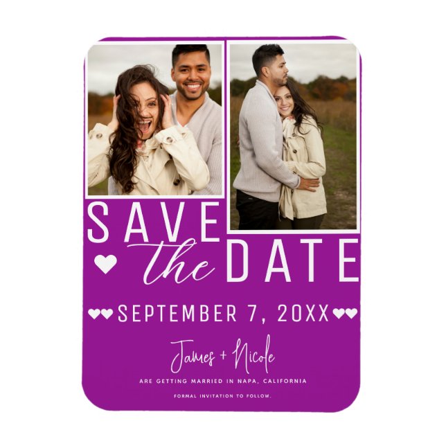 Modern Fuchsia Save the Date 2 Photo Wedding Magnet (Vertical)