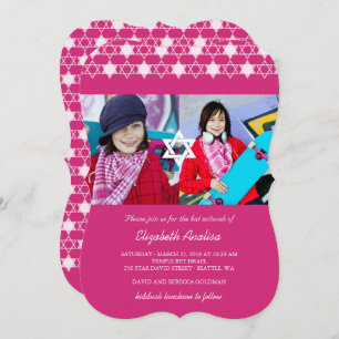 Modern Fuchsia Stars Of David Bat Mitzvah Invite