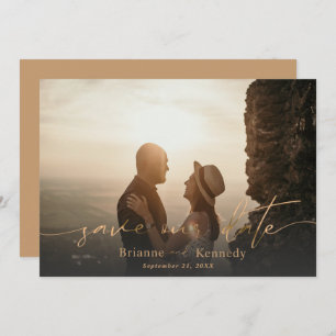 Modern Full Bleed Photo & Signature Script in Gold Save The Date