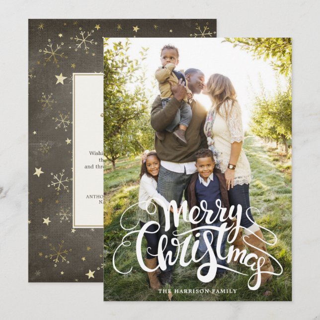 Modern Full Photo Gold Snowflakes Stars Message Holiday Card (Front/Back)