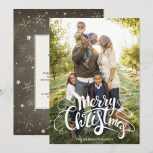 Modern Full Photo Gold Snowflakes Stars Message Holiday Card
