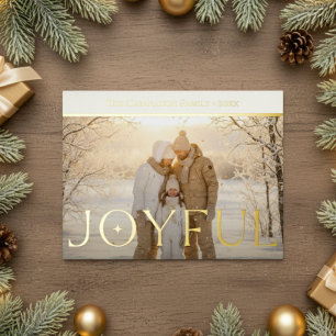 Modern Full Photo White Joyful Foil Holiday Postcard