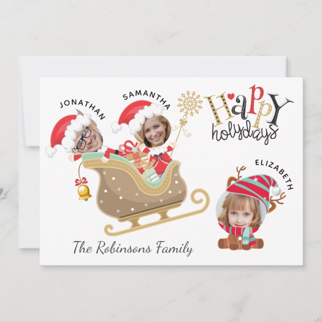 Modern Fun 3 Photo Santa Family Christmas Happy Holiday Card (Front)