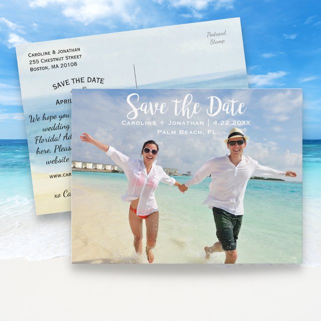 Modern Fun Beach Photo Wedding Save the Date Announcement Postcard (Creator Uploaded)