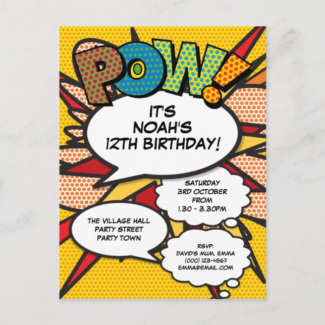 Modern Fun Birthday Party Comic POW Invitation Postcard (Front)