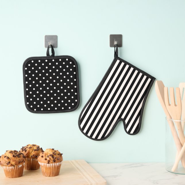 Modern fun black and white polka dots and stripes oven mitt & pot holder set (Insitu(Hanging))