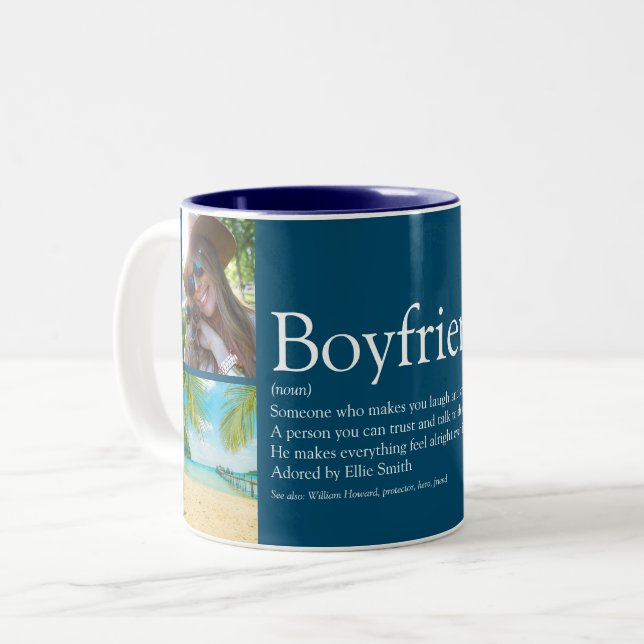 Modern Fun Blue 4 Photo Boyfriend Definition Two-Tone Coffee Mug (Front Left)