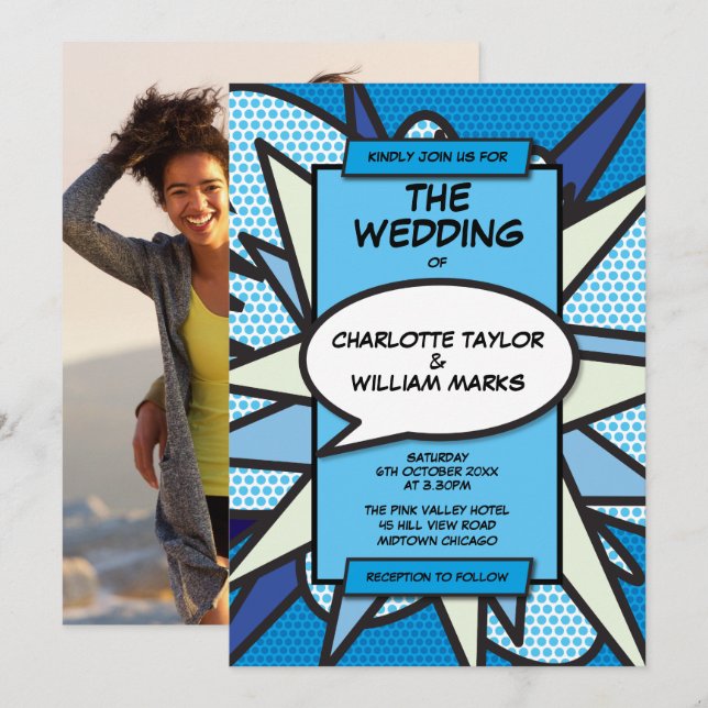 Modern Fun Blue Comic Book Photo Wedding Invitation (Front/Back)