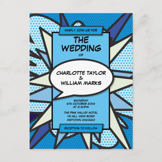Modern Fun Blue Comic Book Wedding Invitation Postcard (Front)
