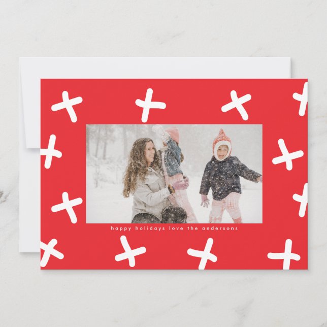 Modern Fun Border Photo Red & White Christmas Hugs Holiday Card (Front)