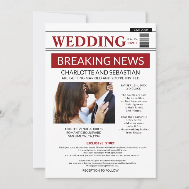 Modern Fun Breaking News Wedding Newspaper Announcement (Front)