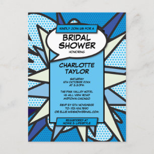 Modern Fun Bridal Shower Comic Book Blue Invitation Postcard