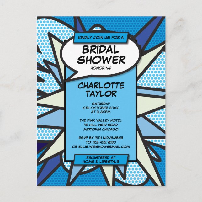 Modern Fun Bridal Shower Comic Book Blue Invitation Postcard (Front)
