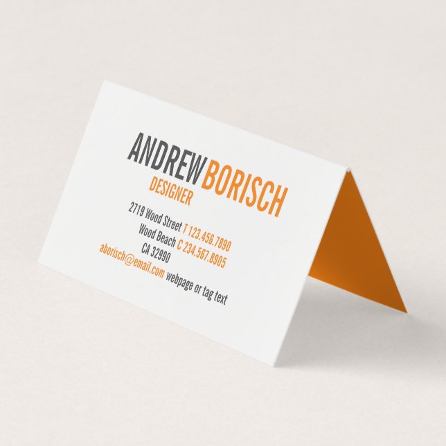 Modern Fun Bright Orange White Contemporary Folded Business Card (Front)