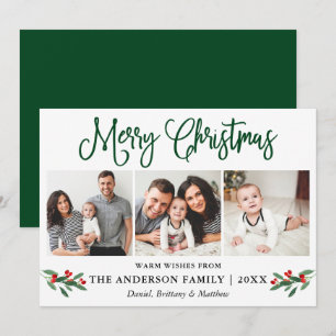 Modern Fun Calligraphy 3 Photo Christmas Holly  Holiday Card