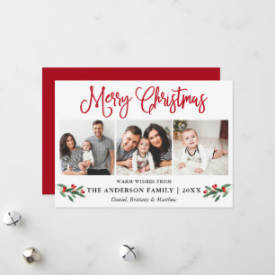 Modern Fun Calligraphy 3 Photo Christmas Holly Red Holiday Card