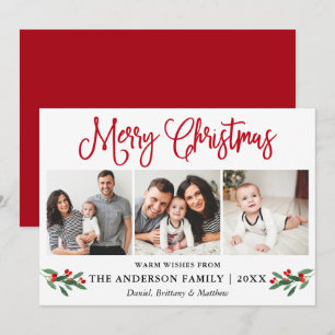 Modern Fun Calligraphy 3 Photo Christmas Holly Red Holiday Card