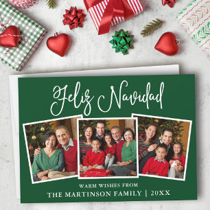 Modern Fun Calligraphy 3 Photo Feliz Navidad Green Holiday Card