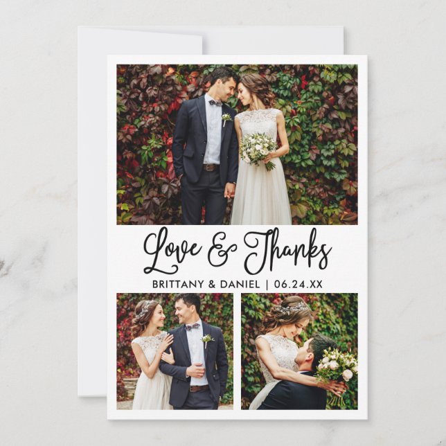 Modern Fun Calligraphy 3 Photo Wedding Thank You Card (Front)