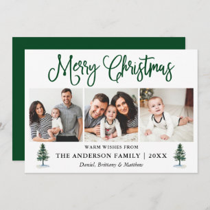 Modern Fun Calligraphy 3 Photos Pines Christmas  Holiday Card