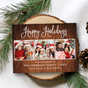 Modern Fun Calligraphy 3 Photos Wood Holiday Postcard
